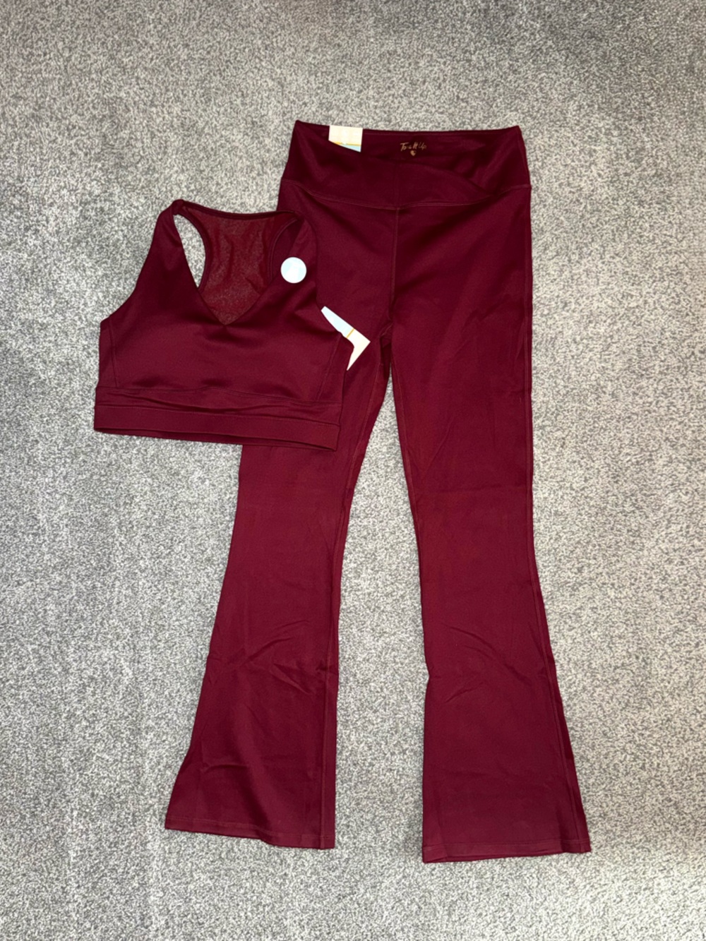 Tone It Up Dark Cherry Flare Leggings Bra Matching Set | Pilates Yoga Athleisure